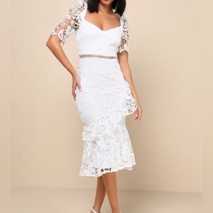 White Laced Ruffled Midi Dress X-Small